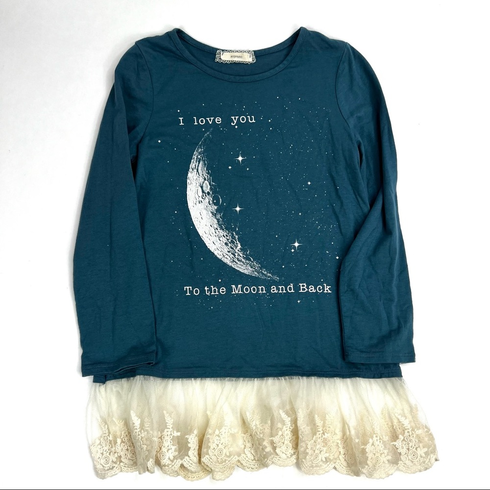 Girls Moon Graphic Tunic Dress With Lace, I love you to the moon and back